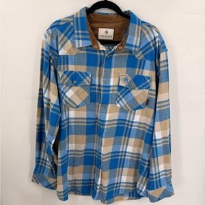 Legendary Whitetails Mens XL Snap Up Western Flannel Shirt Blue Beige Cowboy